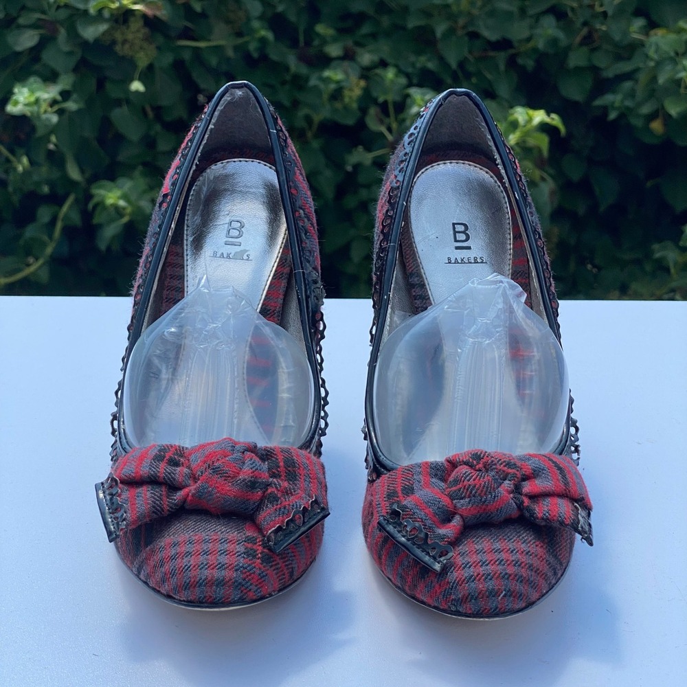Bakers Academic Red Plaid Bow Pumps Dark Academia Twee Scalloped Heels - 7.5B